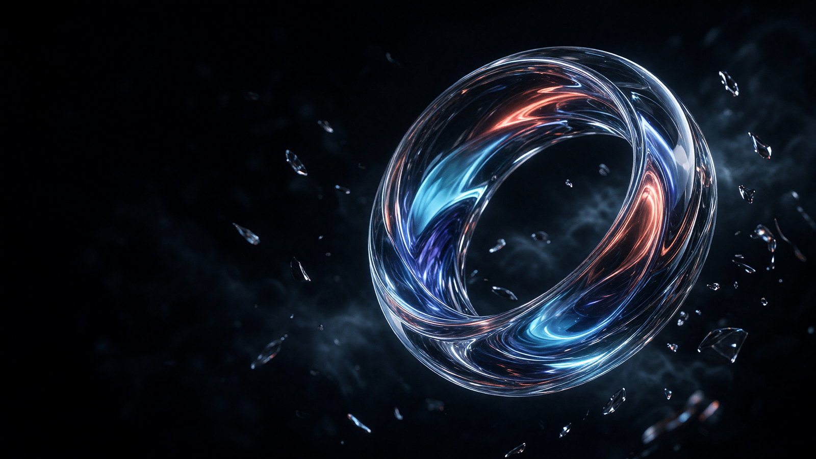 Transparent glass orbital loop with indigo, cyan, and coral light generated with Grok Imagine Image V2.0