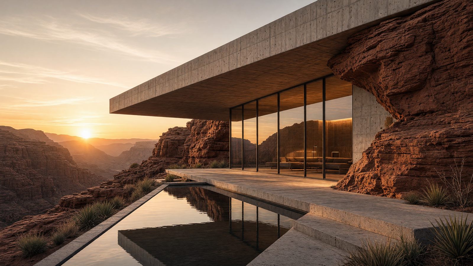 Minimalist concrete retreat embedded in a sandstone canyon at sunset generated with Grok Imagine Image V2.0