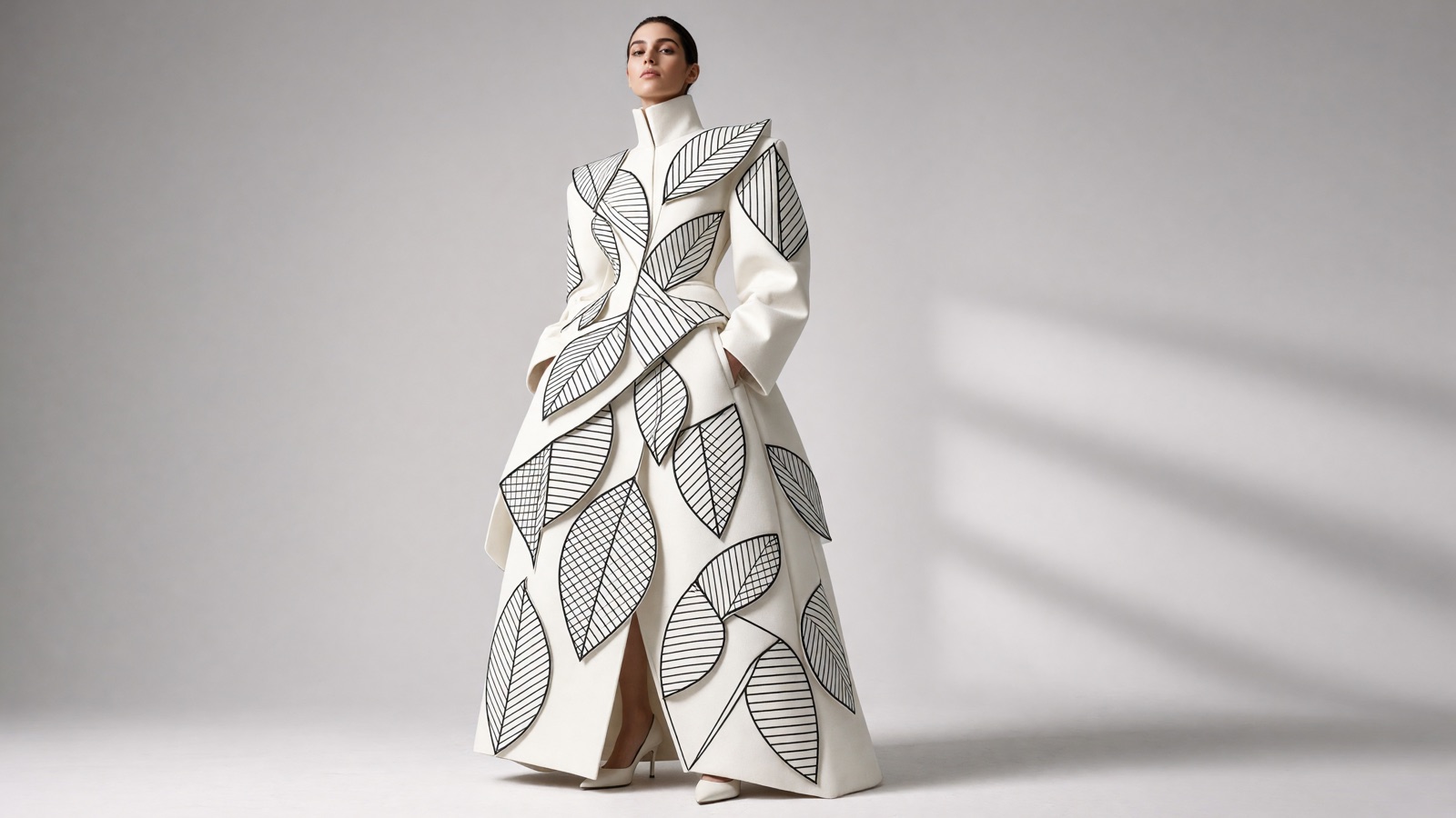 White couture coat with graphic black line leaves generated with Grok Imagine Image V2.0 from an X-inspired prompt