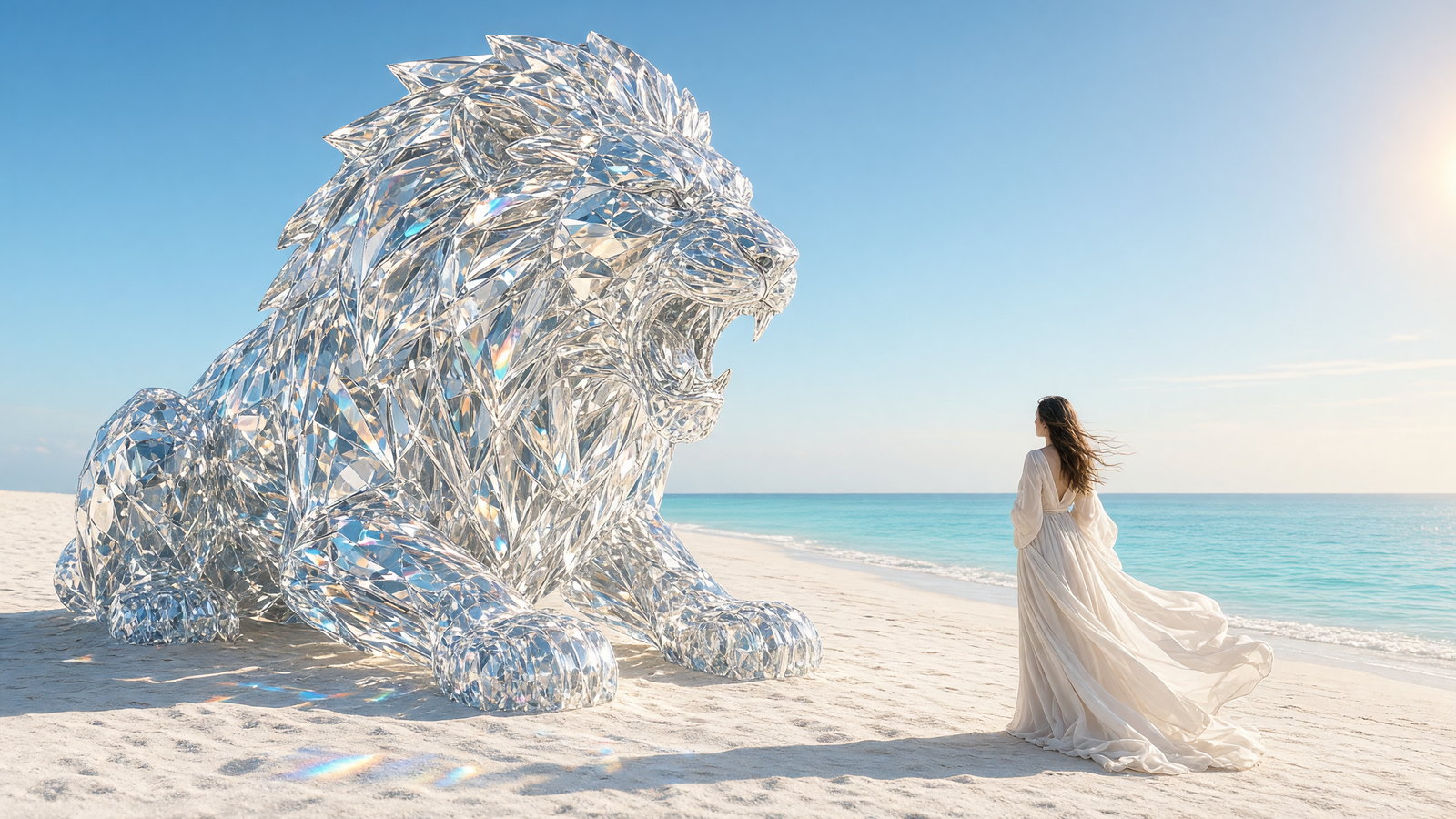 Monumental crystal lion and traveler on a bright beach generated with Grok Imagine Image V2.0 from an X-inspired prompt