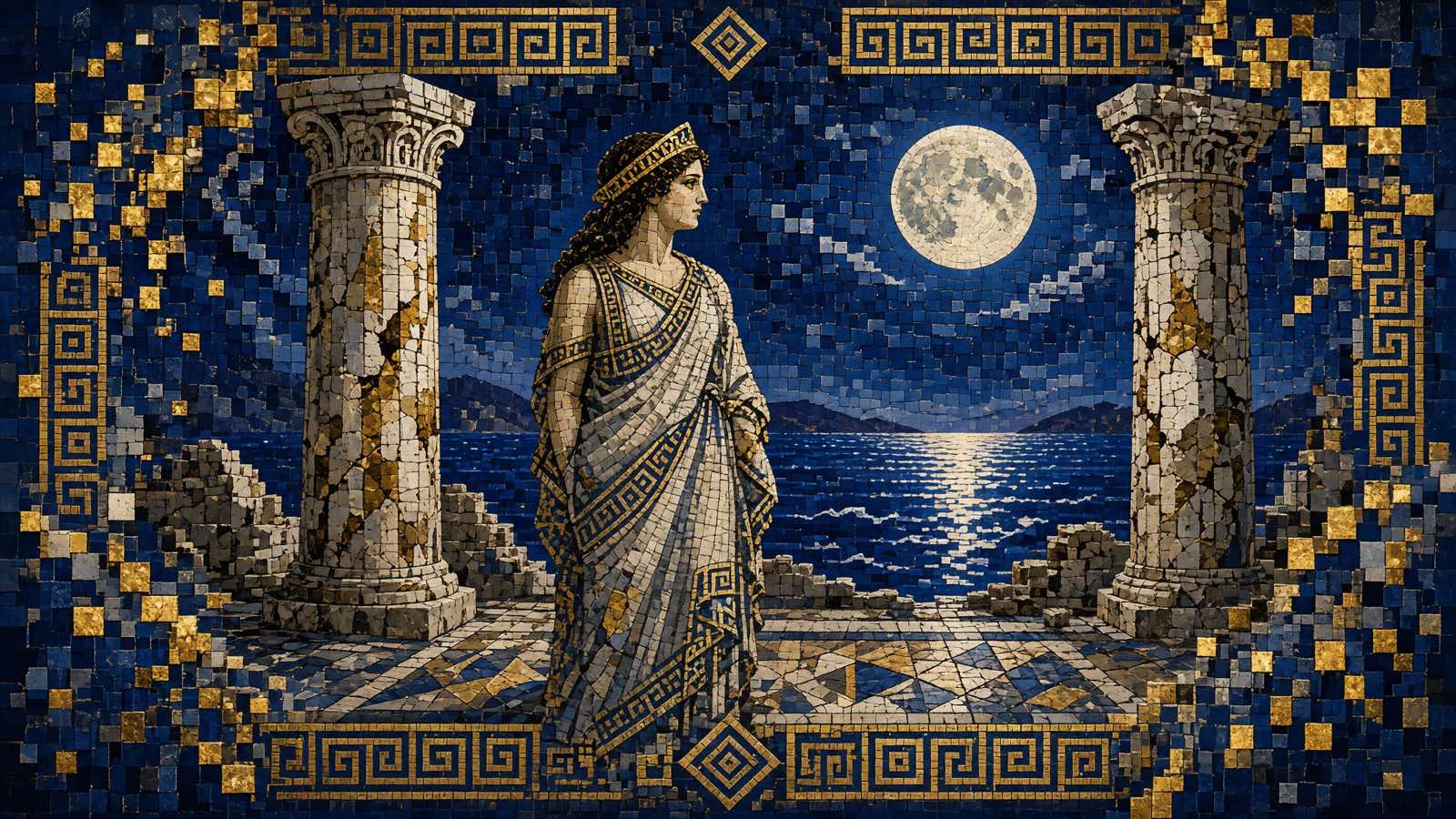 Gold and cobalt hyperpixelated Greek mosaic generated with Grok Imagine Image V2.0 from an X-inspired prompt