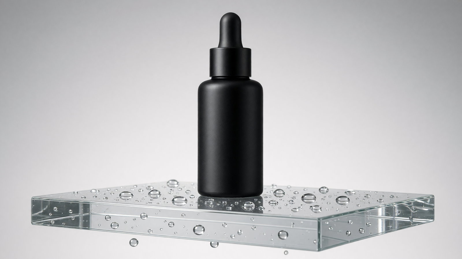 Unbranded matte black cosmetic bottle on a wet glass podium generated with Grok Imagine Image V2.0 from an X-inspired prompt